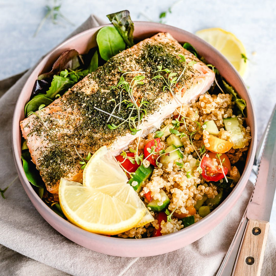Challenge Approved Phase 1 Lunch: Quinoa Salmon Bowl