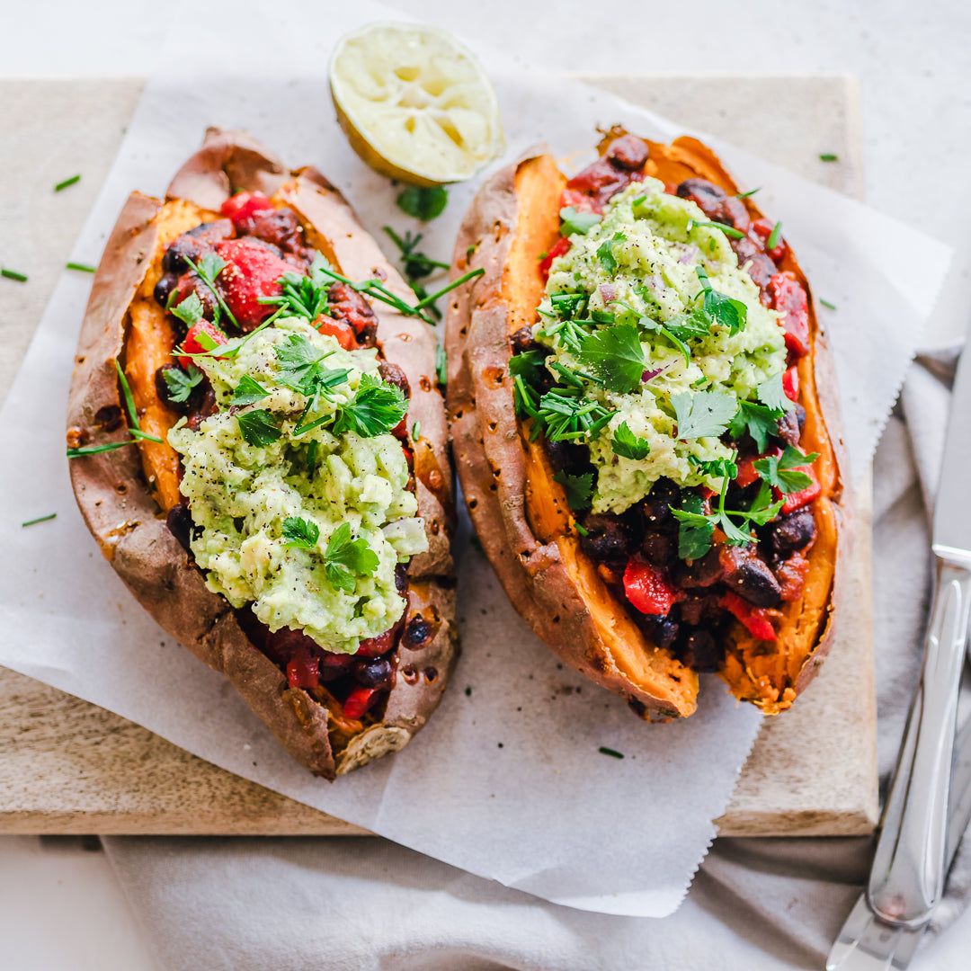 Black Bean Chili And Guacamole Stuffed Sweet Potatoes