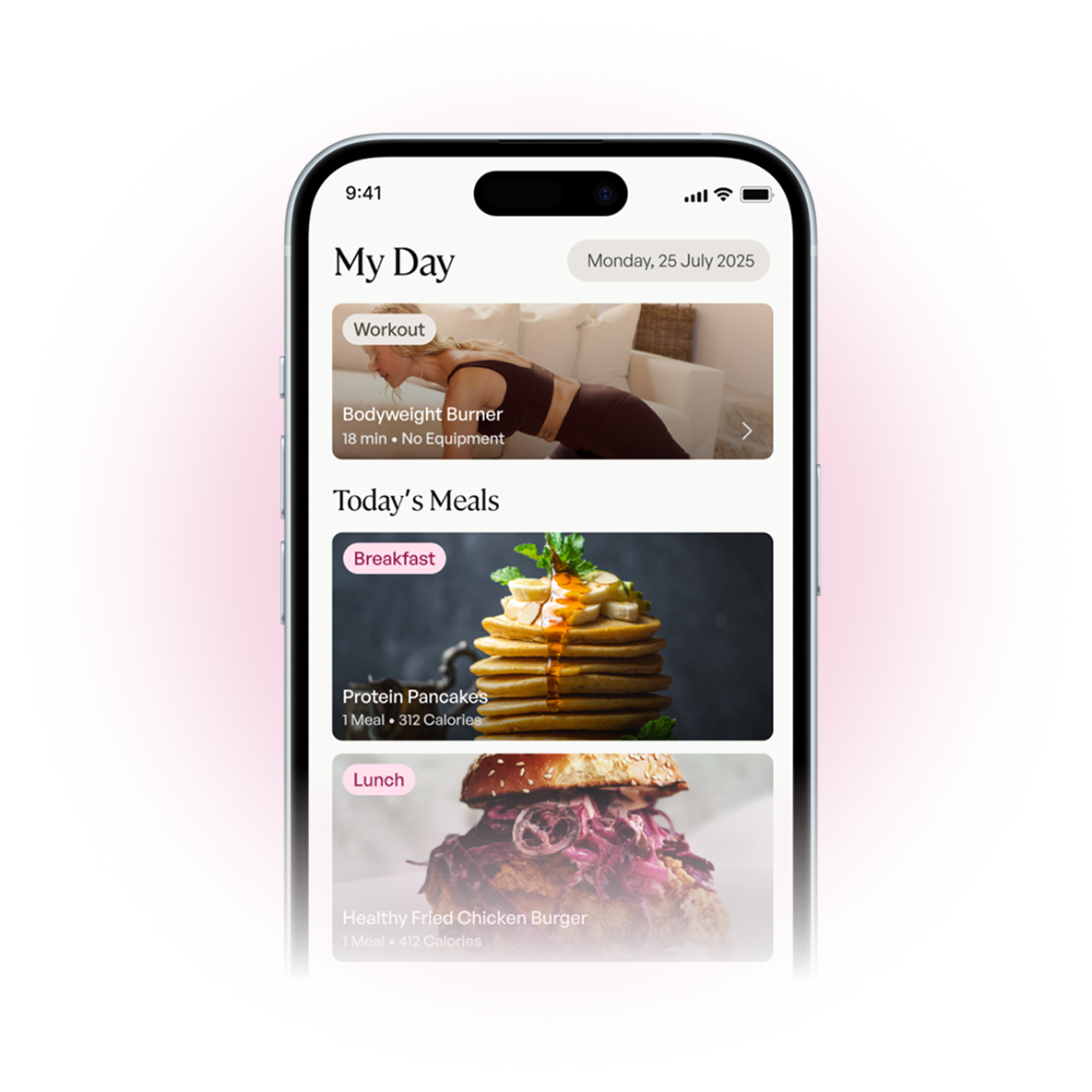 Phone showing the TRANSFORM app My Day screen